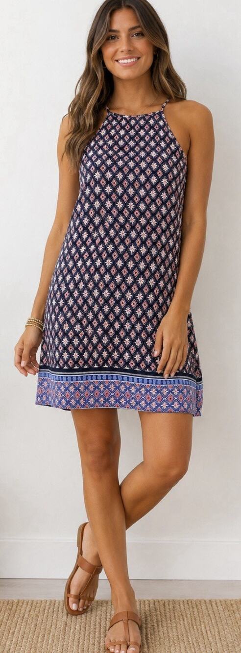 Women’s Geo Printed Halter Shift Dress- Navy Pink And White- Size S